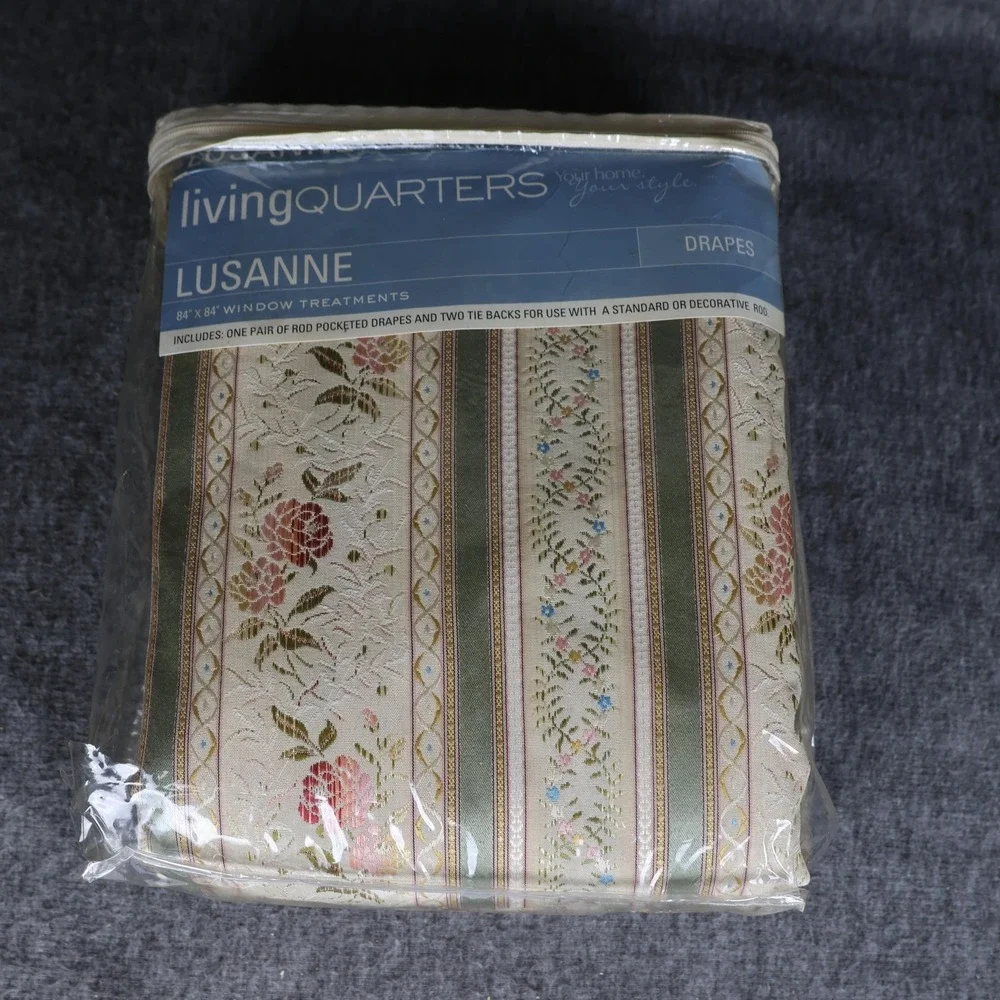 Living Quarters Lusanne Window Drapery Pair 84x84 Beige Floral Lined Rod Pocket